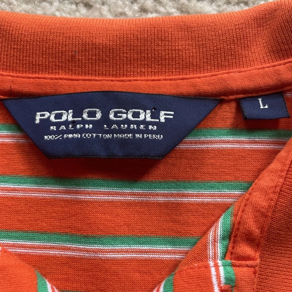 Ralph Lauren Polo Golf Polo Mens Large Orange Green Striped Pima Cotton Preowned
